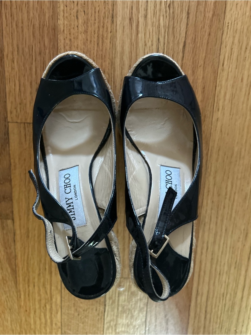 Jimmy Choo Black Patent Leather Peep-Toe Wedge Sandals